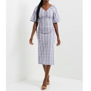 Ganni Violet Seersucker Check Dress, midi, ruched waist, size 32, US 0